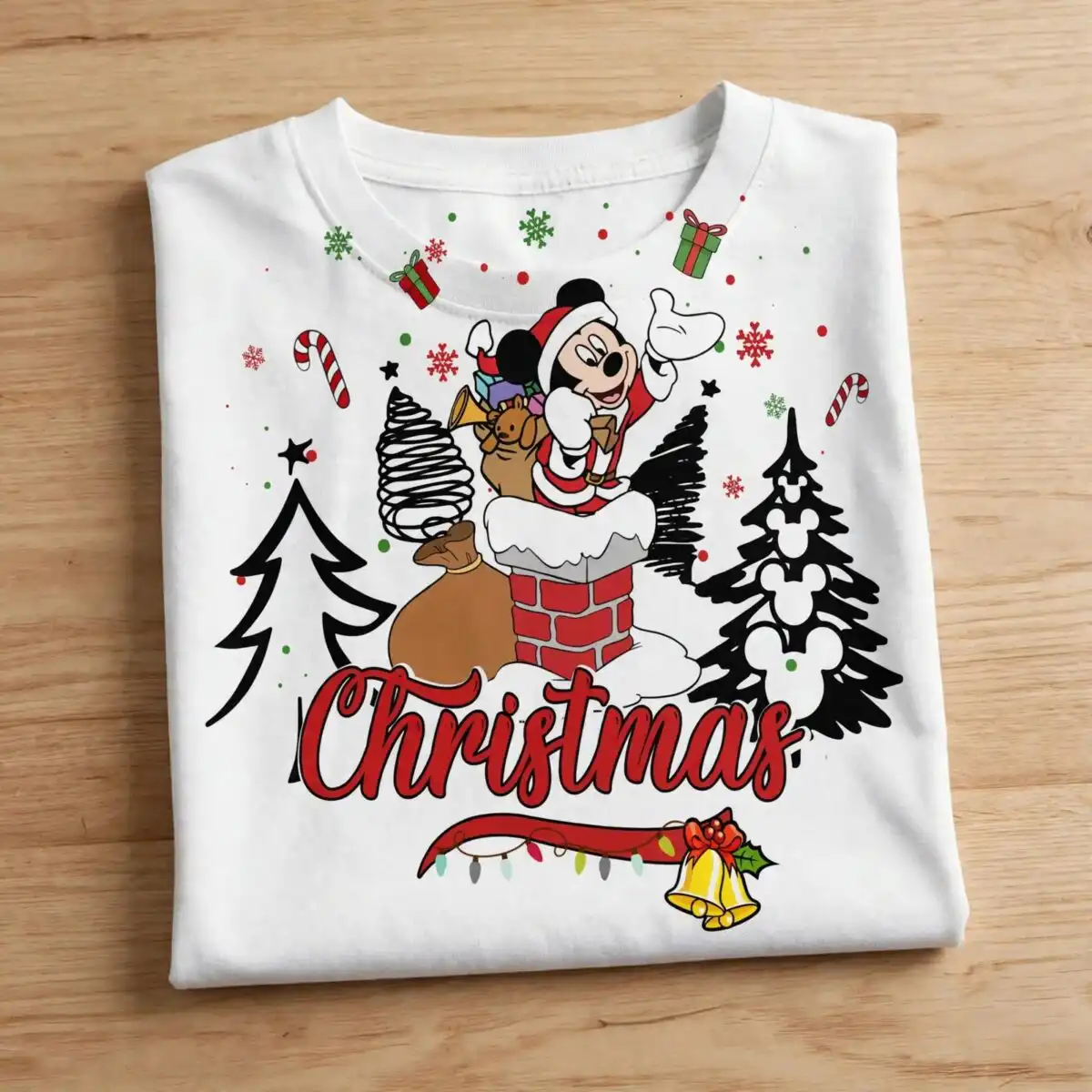christmas cartoon mouse santa outfit png design printed on a plain product mockup