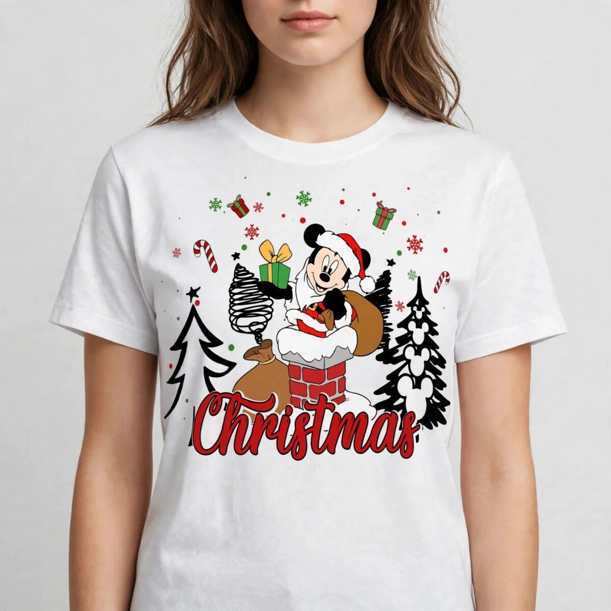 mickey mouse santa claus png - festive mouse in chimney with gifts mickey mouse santa claus png design printed on a plain product mockup