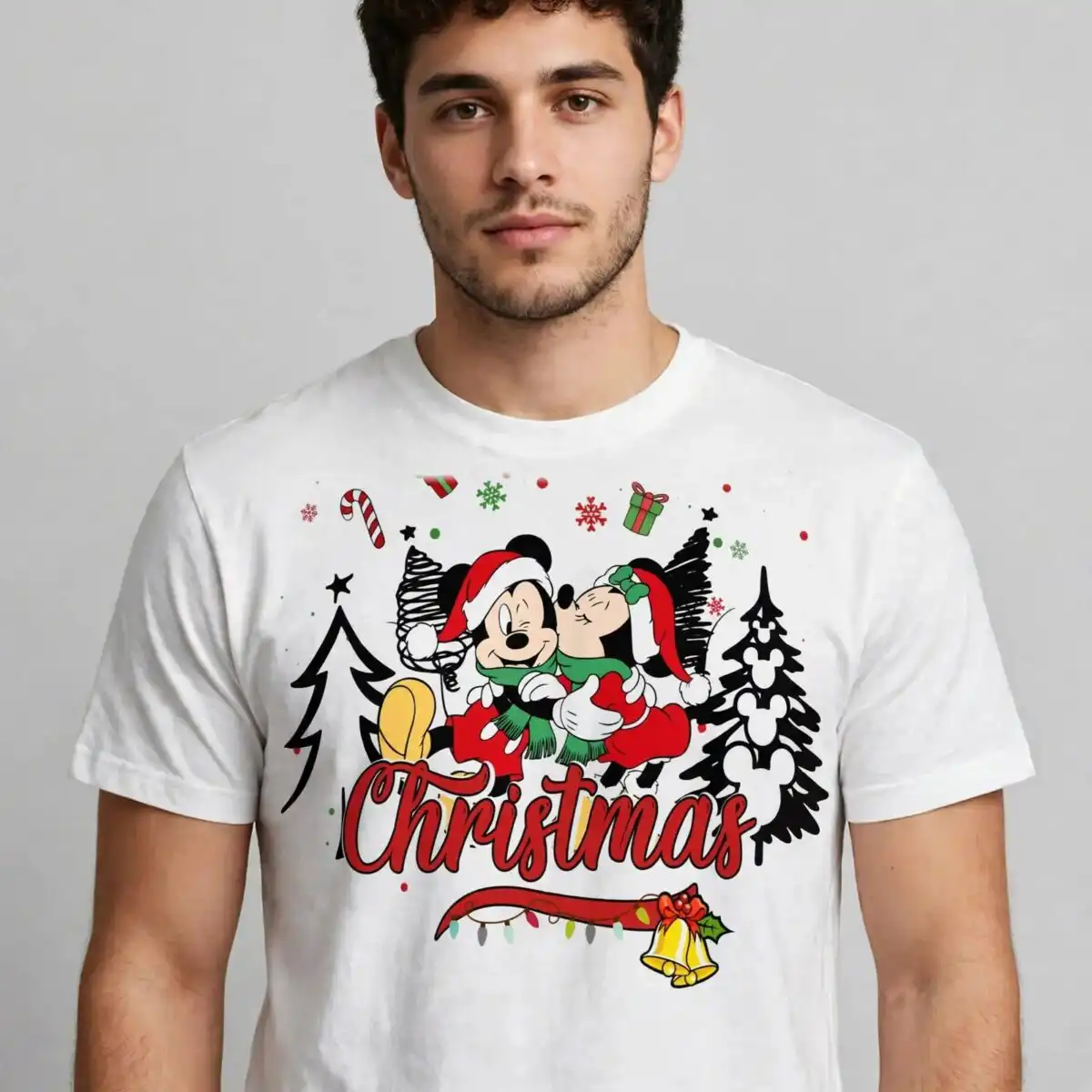 mickey and minnie mouse christmas hug design for cozy family shirts mickey minnie mouse christmas png design printed on a plain product mockup
