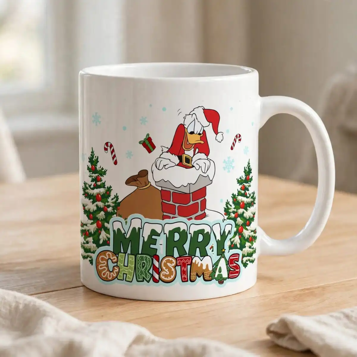 cheerful christmas cartoon duck in santa hat stuck in chimney png christmas hat png cartoon design printed on a plain product mockup