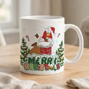 cheerful christmas cartoon duck in santa hat stuck in chimney png christmas hat png cartoon design printed on a plain product mockup