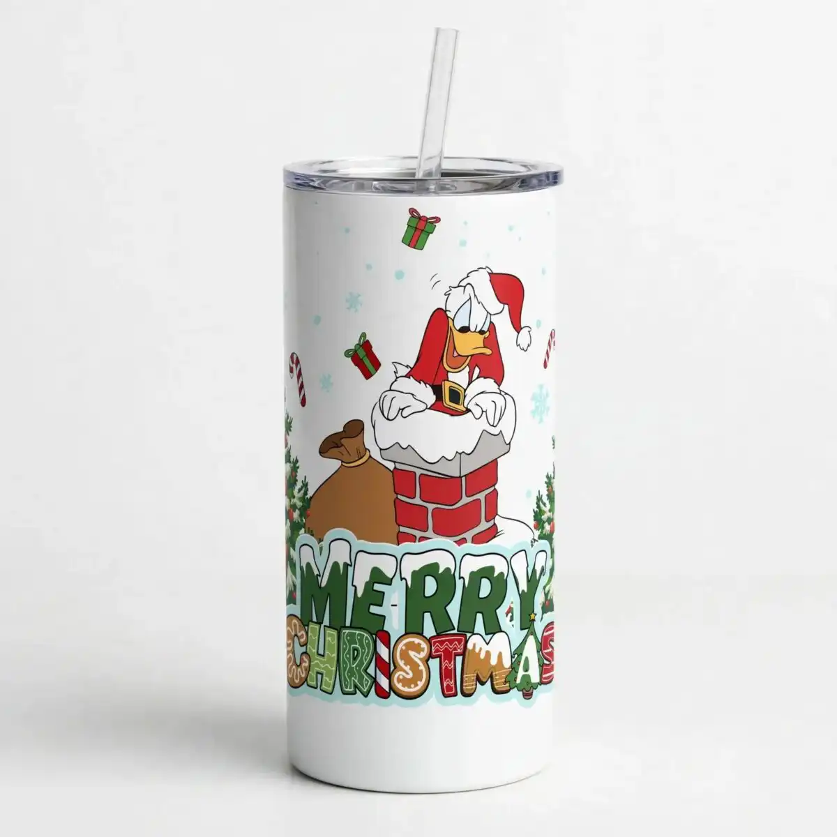 cheerful christmas cartoon duck in santa hat stuck in chimney png christmas hat png cartoon design printed on a plain product mockup