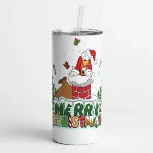 cheerful christmas cartoon duck in santa hat stuck in chimney png christmas hat png cartoon design printed on a plain product mockup