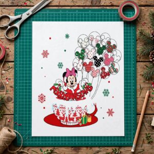 cute disney minnie christmas cup with santa outfit and balloon teacup art disney minnie christmas cup png design printed on a plain product mockup
