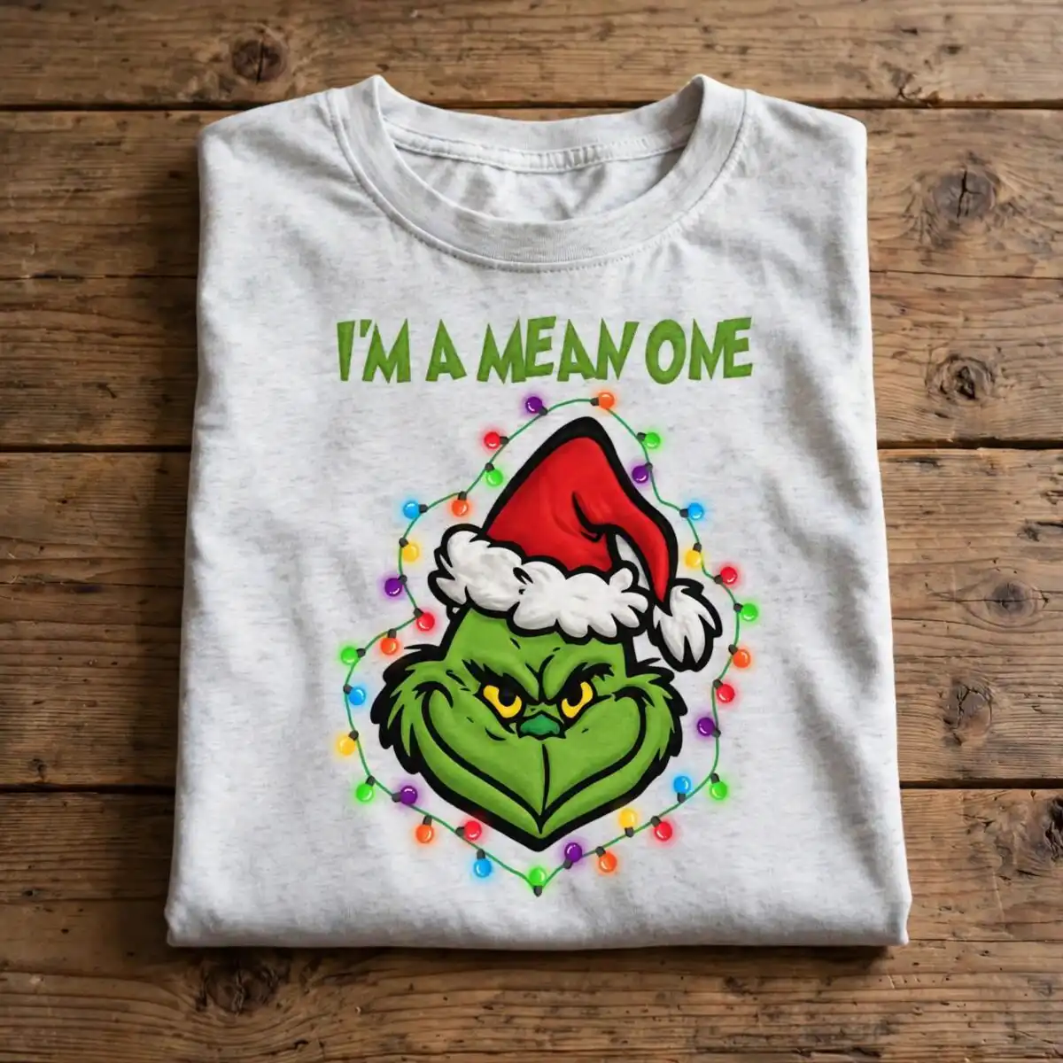 a green furry face wearing a Santa hat and surrounded by Christmas lights design printed on a plain product mockup