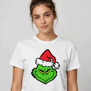 A collection of green characters, a dog, and a girl in various Christmas-themed poses and outfits, along with festive objects
