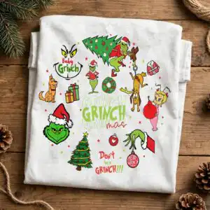 A collection of green characters, a dog, and a girl in various Christmas-themed poses and outfits, along with festive objects