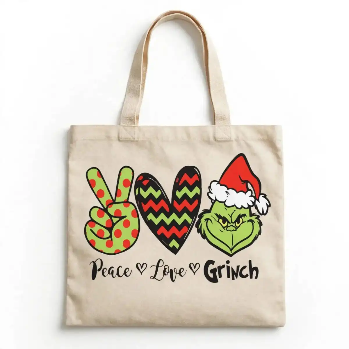 peace, love, grinch sublimation design with santa hat character Peace sign, heart, and a green character head with a Santa hat, with text below design printed on a plain product mockup