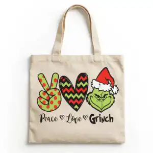 peace, love, grinch sublimation design with santa hat character Peace sign, heart, and a green character head with a Santa hat, with text below design printed on a plain product mockup