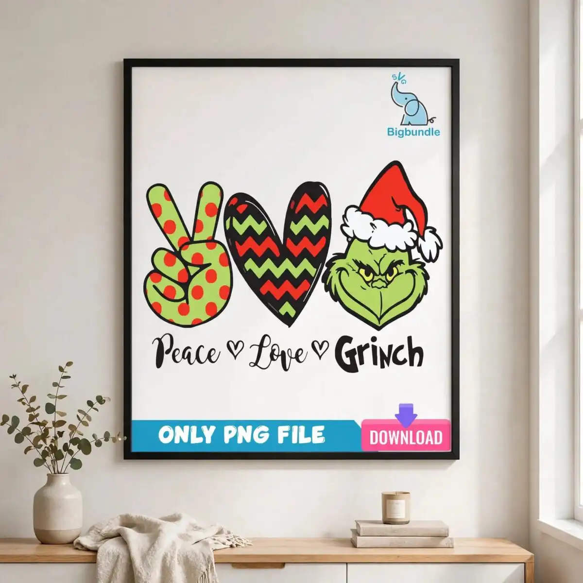 peace, love, grinch sublimation design with santa hat character Peace sign, heart, and a green character head with a Santa hat, with text below design printed on a plain product mockup