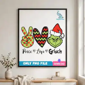 peace, love, grinch sublimation design with santa hat character Peace sign, heart, and a green character head with a Santa hat, with text below design printed on a plain product mockup