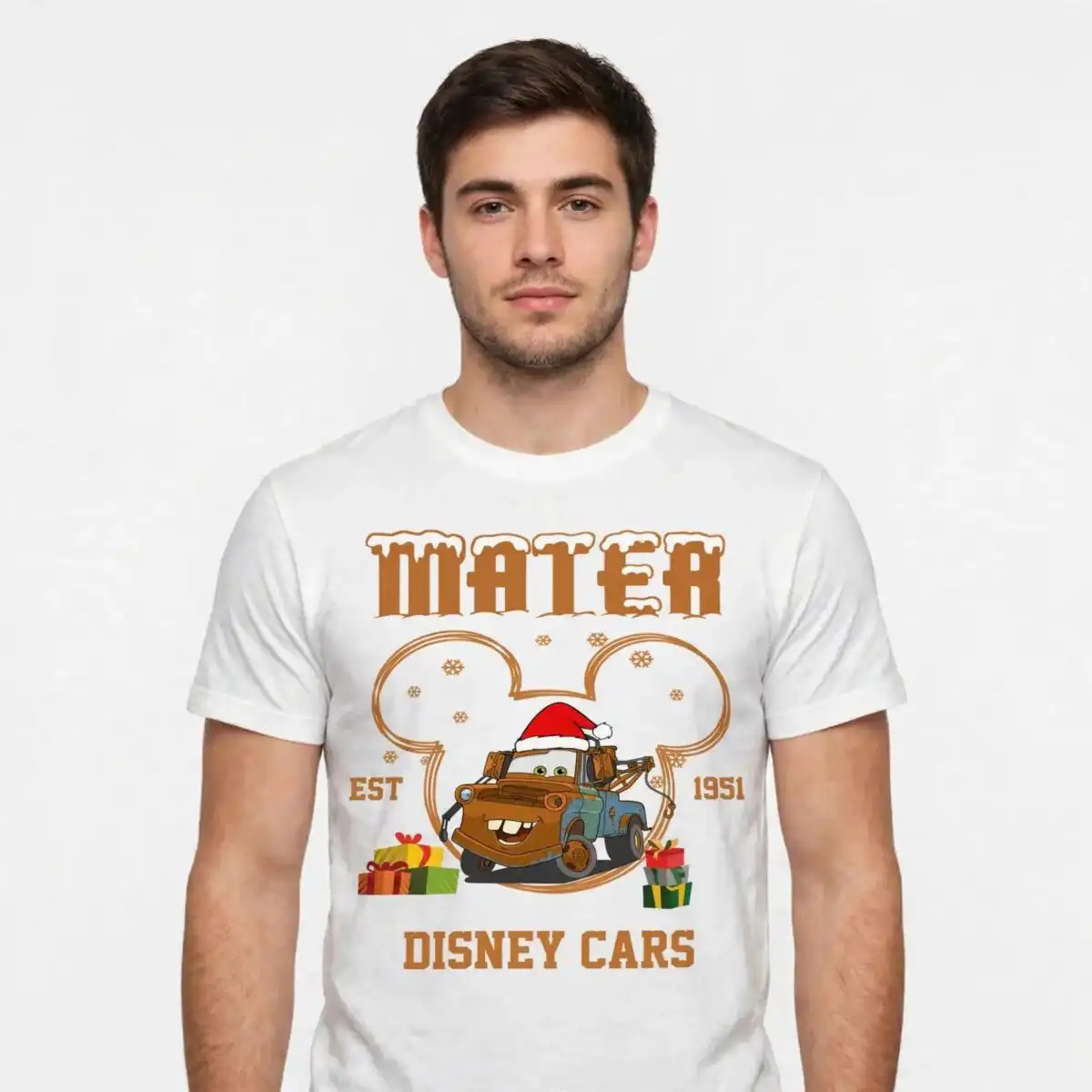 rusty disney cars mater christmas tow truck with santa hat art disney cars mater png design printed on a plain product mockup