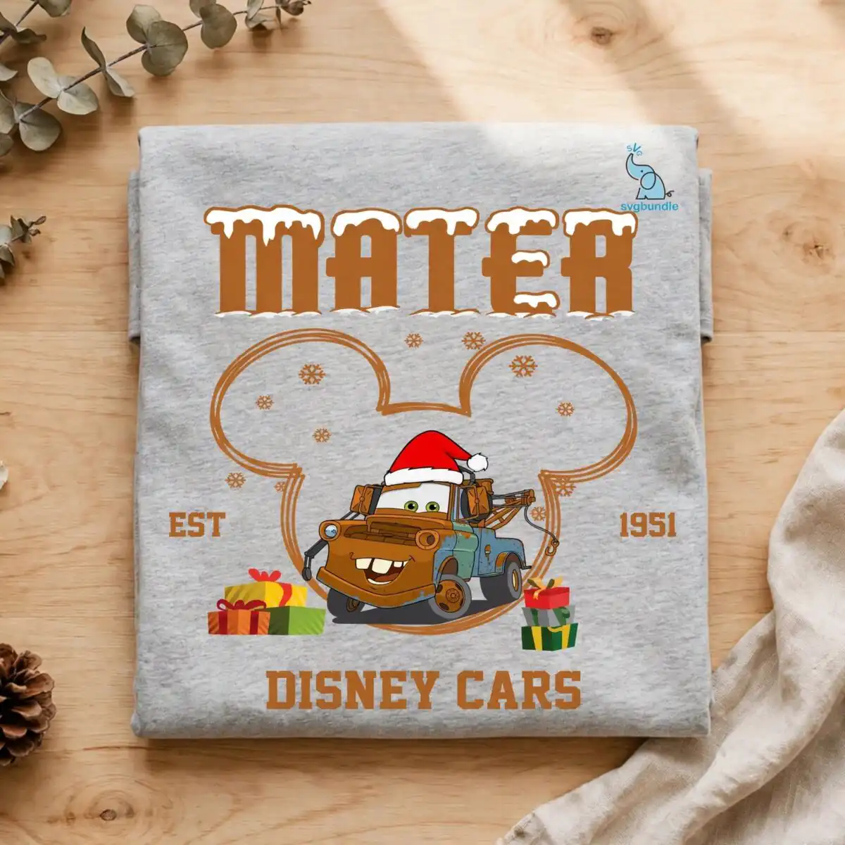 rusty disney cars mater christmas tow truck with santa hat art disney cars mater png design printed on a plain product mockup