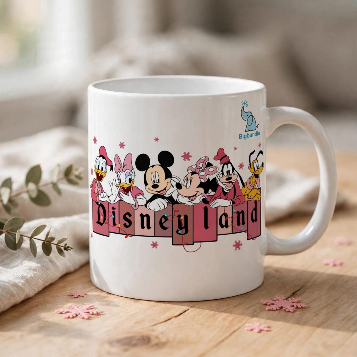pink disneyland christmas design with six cartoon animals and lights pink disneyland christmas png design printed on a plain product mockup