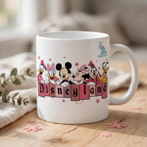 pink disneyland christmas design with six cartoon animals and lights pink disneyland christmas png design printed on a plain product mockup