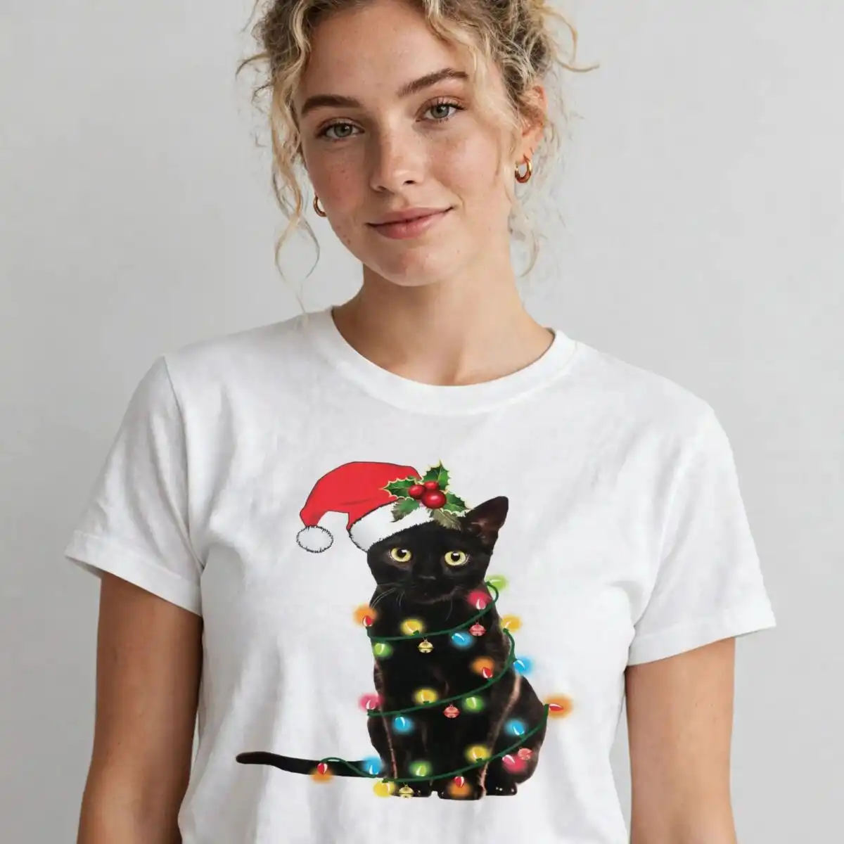 festive black cat with santa hat and christmas lights clipart black santa hat png design printed on a plain product mockup