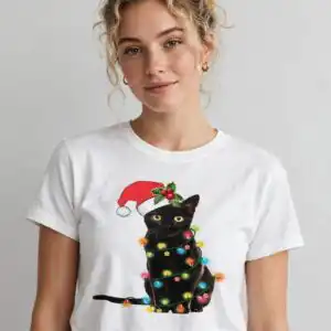 festive black cat with santa hat and christmas lights clipart black santa hat png design printed on a plain product mockup