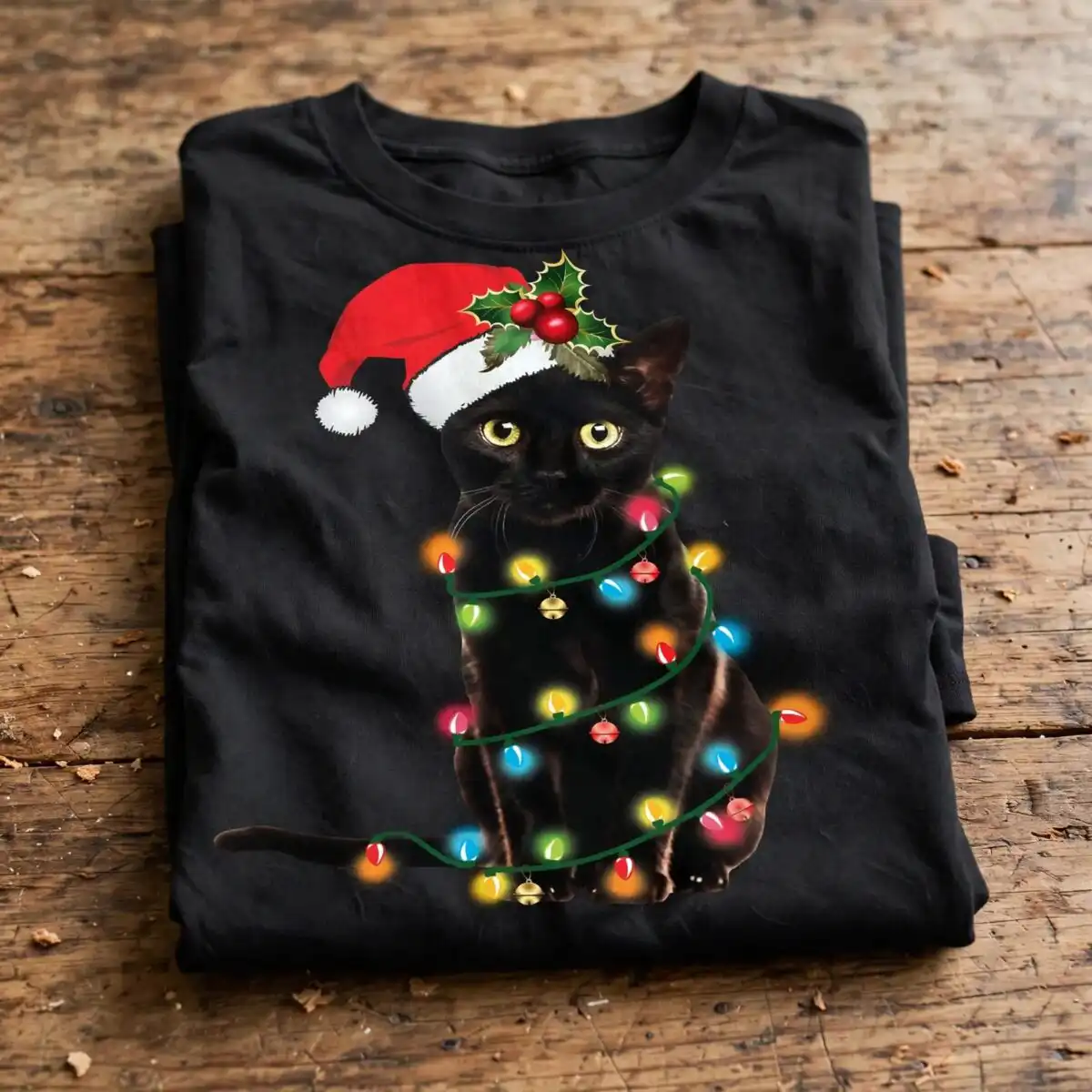 festive black cat with santa hat and christmas lights clipart black santa hat png design printed on a plain product mockup