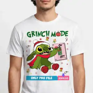 stitch mode christmas png with grinch mode lettering for holiday shirts stitch mode christmas png design printed on a plain product mockup