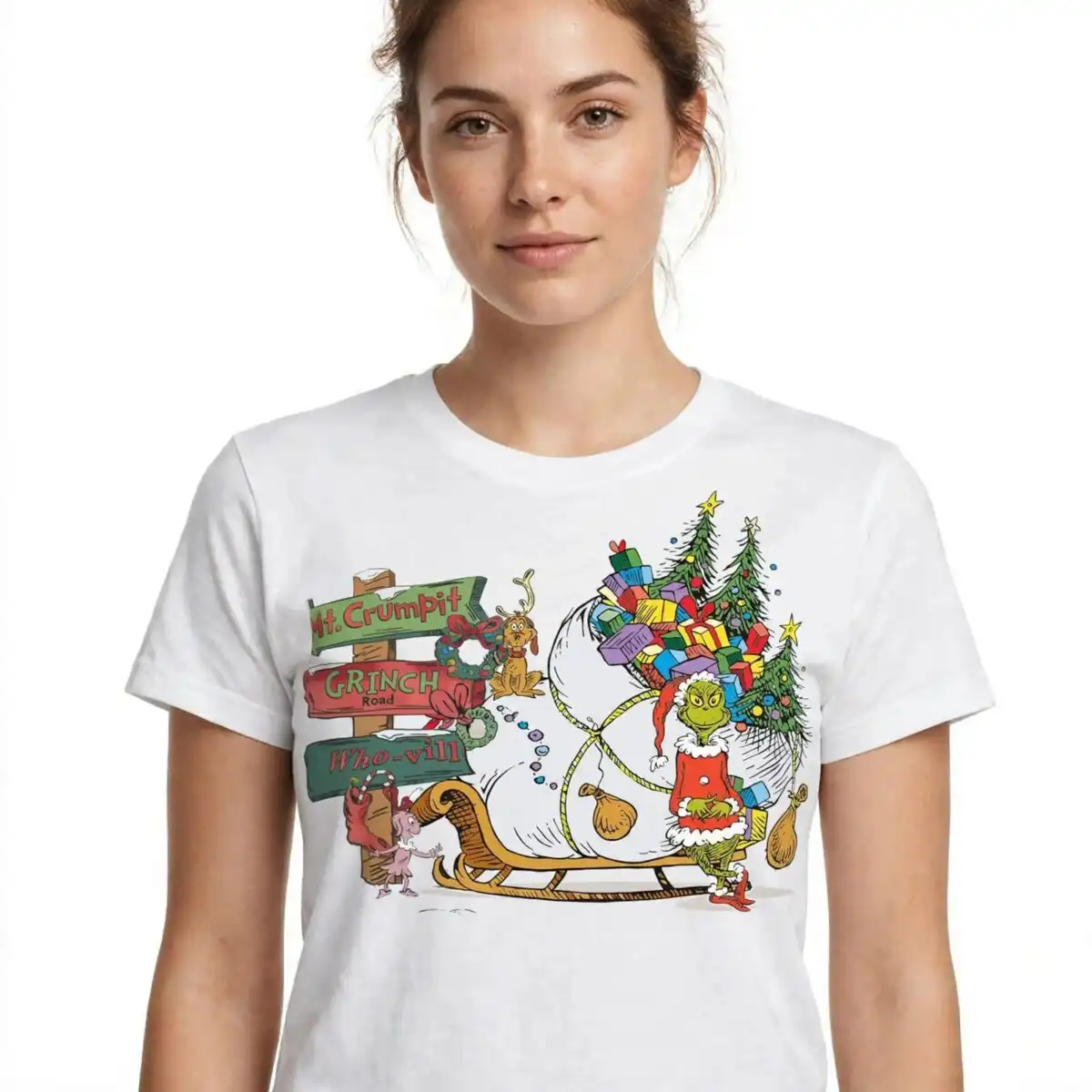 grinch santa sleigh ride with mt. crumpit and who-vill road signs A green furry creature in a Santa suit with a sleigh full of presents, a dog, and a signpost. design printed on a plain produ
