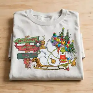 grinch santa sleigh ride with mt. crumpit and who-vill road signs A green furry creature in a Santa suit with a sleigh full of presents, a dog, and a signpost. design printed on a plain produ