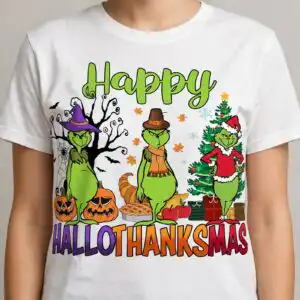 three green furry characters dressed for Halloween, Thanksgiving, and Christmas, with holiday-themed objects design printed o