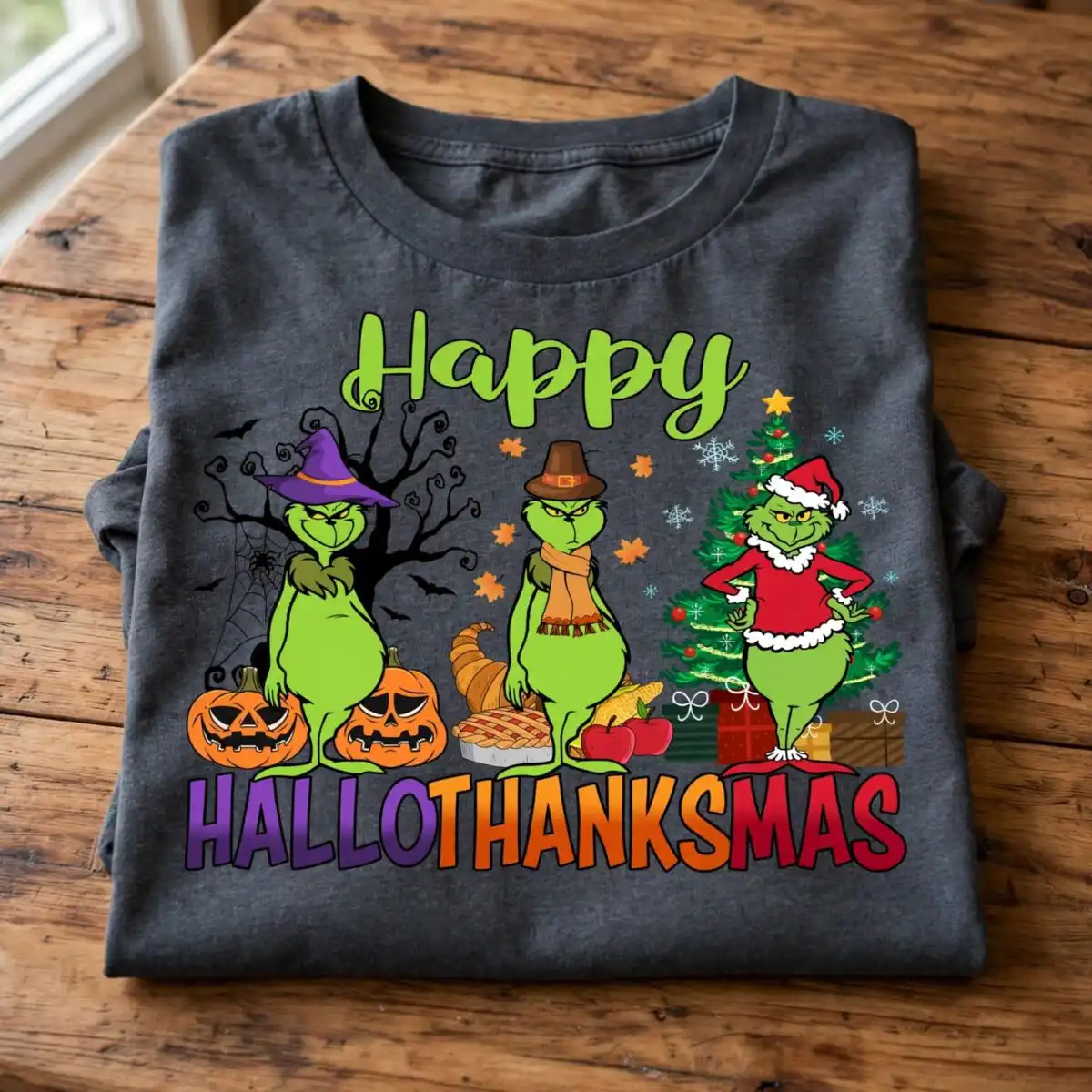 three green furry characters dressed for Halloween, Thanksgiving, and Christmas, with holiday-themed objects design printed o