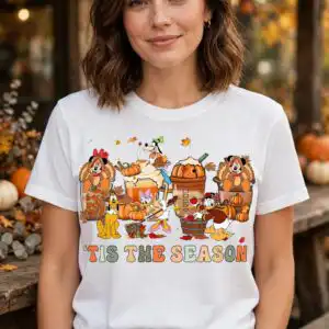 tis the season thanksgiving shirt art with cartoon pumpkin spice cups tis season thanksgiving thanksgiving shirt png design printed on a plain product mockup