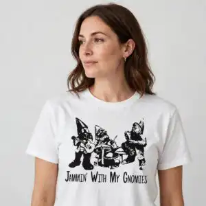jammin' with my gnomies christmas gnome band shirt graphic gnome christmas shirt svg design printed on a plain product mockup