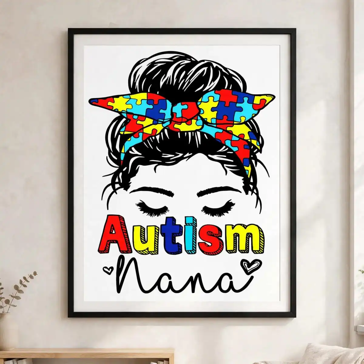autism nana messy bun with puzzle bandana sublimation png autism nana png design printed on a plain product mockup