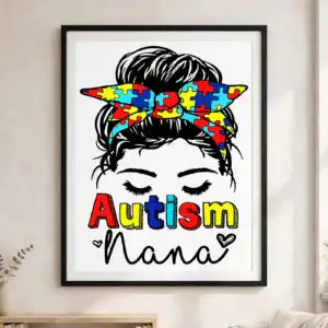 autism nana messy bun with puzzle bandana sublimation png autism nana png design printed on a plain product mockup