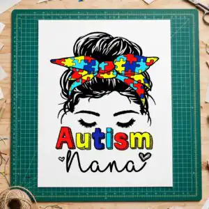 autism nana messy bun with puzzle bandana sublimation png autism nana png design printed on a plain product mockup