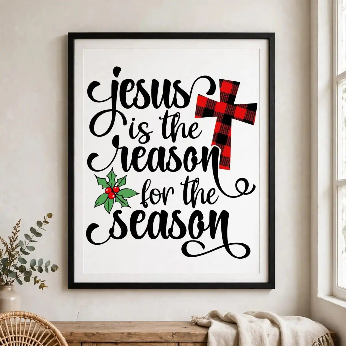 jesus is the reason for the season clipart with plaid cross for christmas shirts jesus reason for the season clipart design printed on a plain product mockup