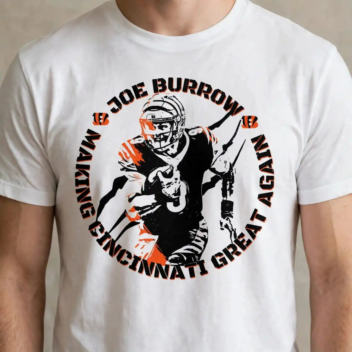 joe burrow making cincinnati png design printed on a plain product mockup
