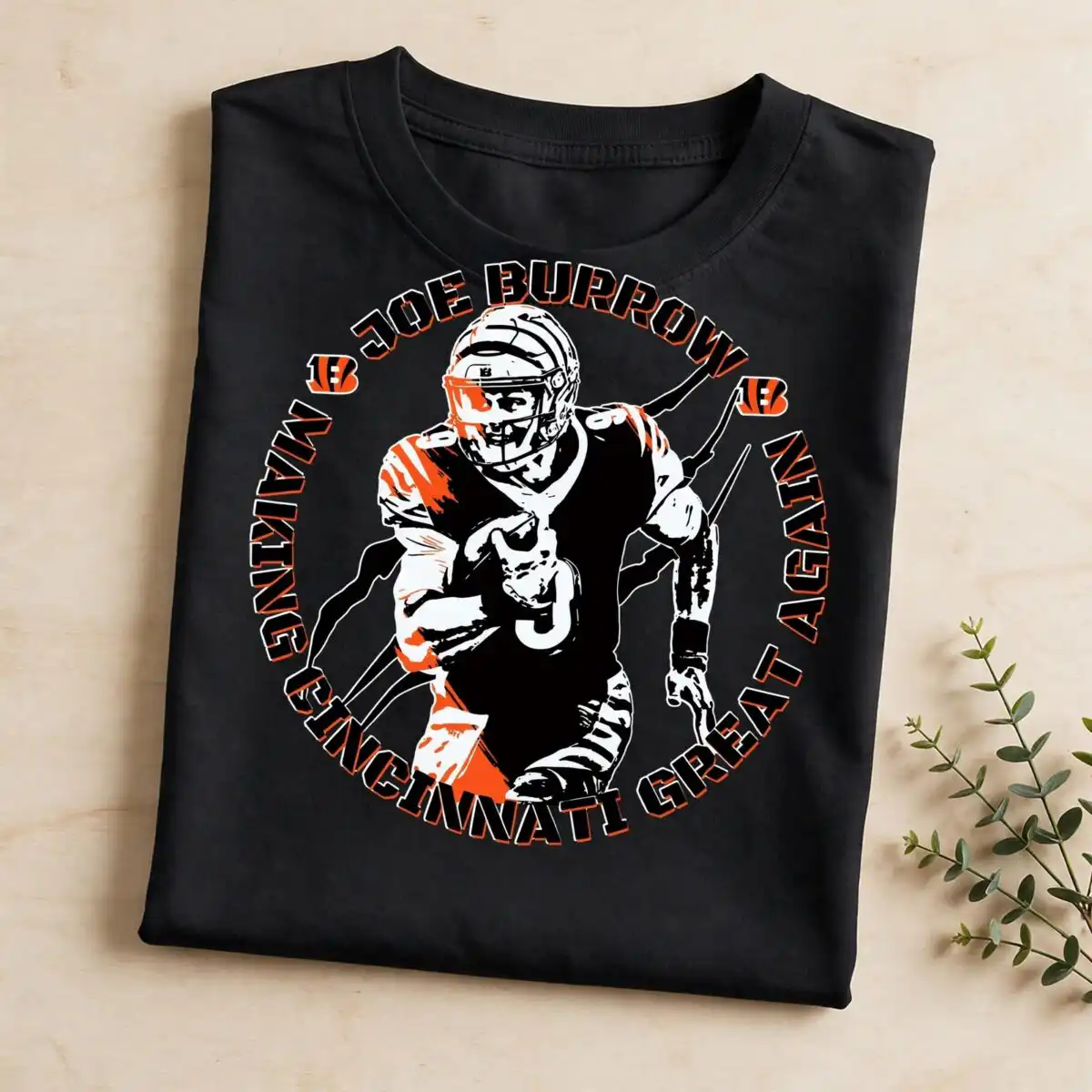 joe burrow making cincinnati png design printed on a plain product mockup