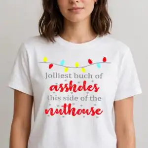 jolliest bunch quote design with string of christmas lights string of christmas lights svg design printed on a plain product mockup