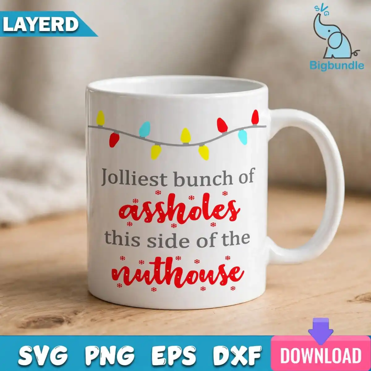 jolliest bunch quote design with string of christmas lights string of christmas lights svg design printed on a plain product mockup