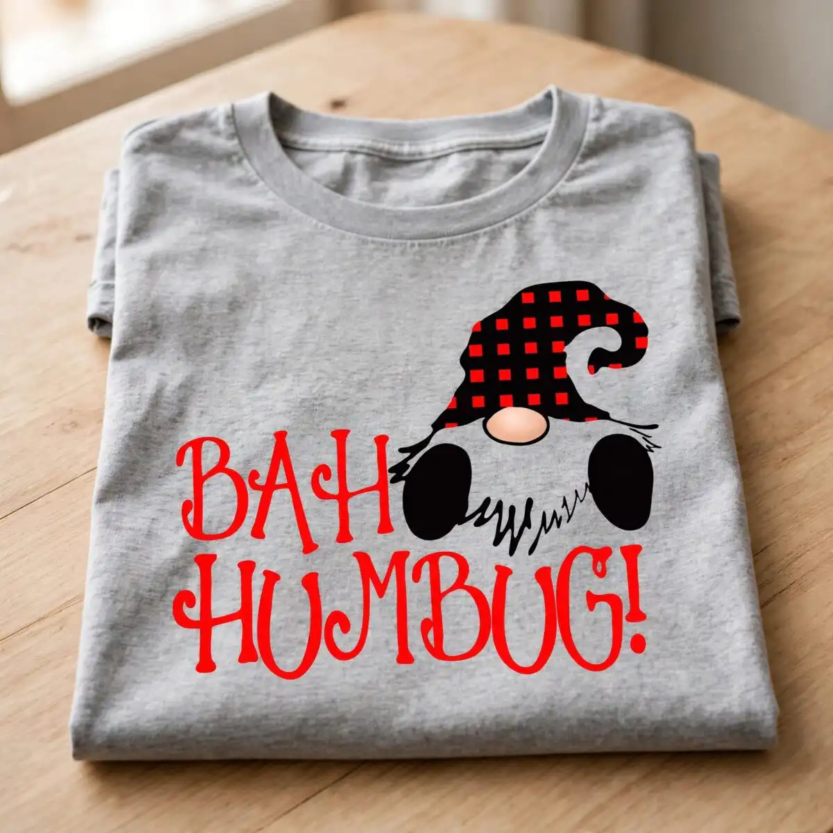 bah humbug grumpy gnome christmas png for shirts and mugs gnome christmas png design printed on a plain product mockup