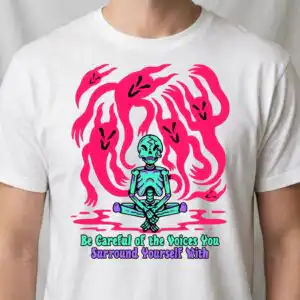 be careful of the voices you surround yourself with meditating skeleton graphic be careful voices you svg design printed on a plain product mockup