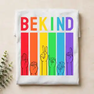 be kind sign language svg design printed on a plain product mockup