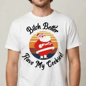 sassy santa claus christmas cookie quote badge with retro sunset and sunglasses santa claus sassy christmas svg design printed on a plain product mockup