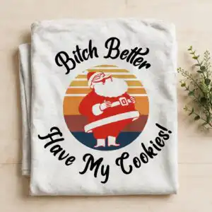 sassy santa claus christmas cookie quote badge with retro sunset and sunglasses santa claus sassy christmas svg design printed on a plain product mockup