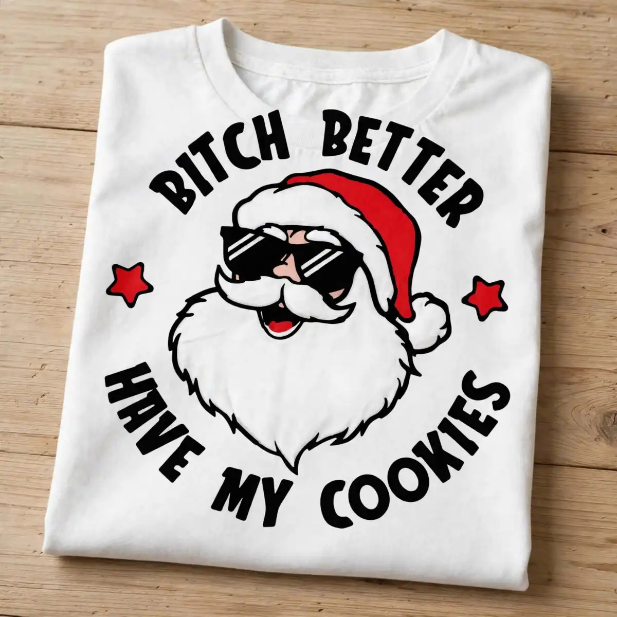 funny santa with sunglasses christmas badge with cookies quote santa with sunglasses svg design printed on a plain product mockup
