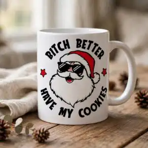 funny santa with sunglasses christmas badge with cookies quote santa with sunglasses svg design printed on a plain product mockup