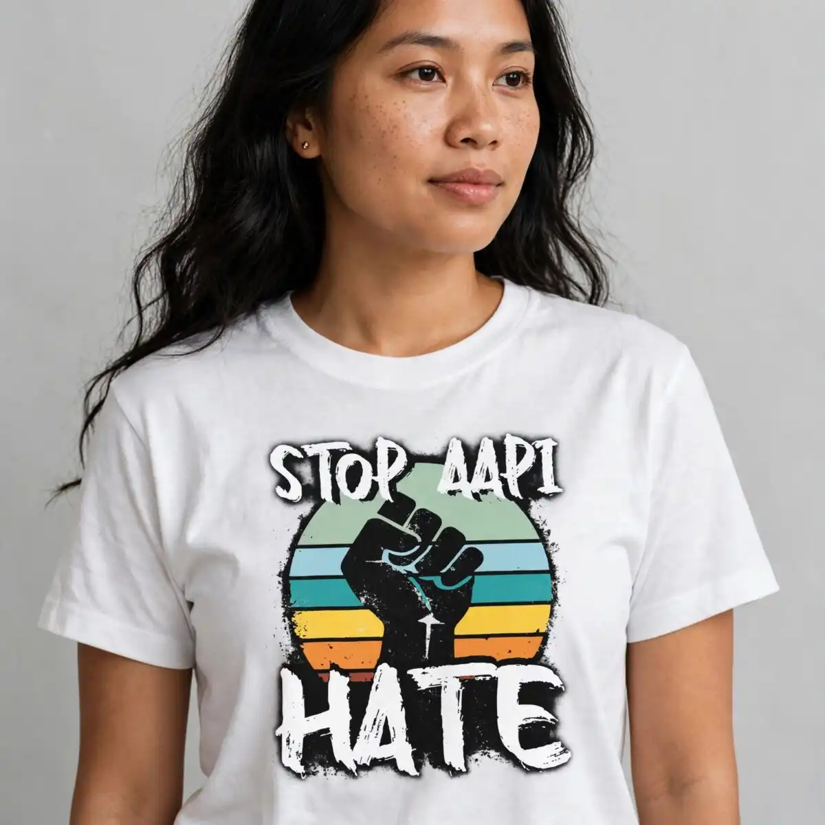 stop aapi hate solidarity activism design with raised fist and retro sunset activism stop aapi hate solidarity svg design printed on a plain product mockup