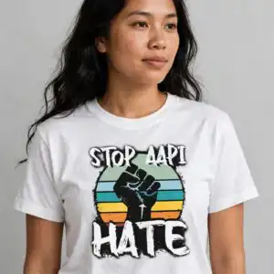 stop aapi hate solidarity activism design with raised fist and retro sunset activism stop aapi hate solidarity svg design printed on a plain product mockup
