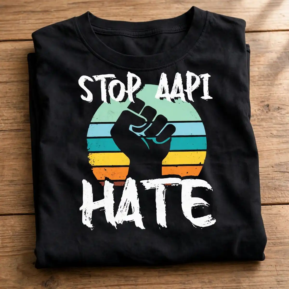 stop aapi hate solidarity activism design with raised fist and retro sunset activism stop aapi hate solidarity svg design printed on a plain product mockup
