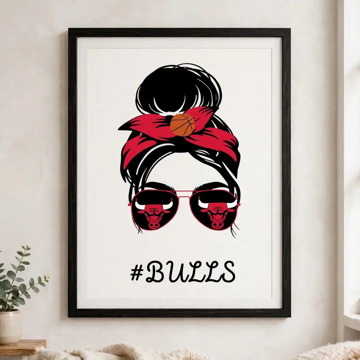 chicago bulls messy bun mom fan art with red bandana bow and bull logo chicago bulls logo svg design printed on a plain product mockup