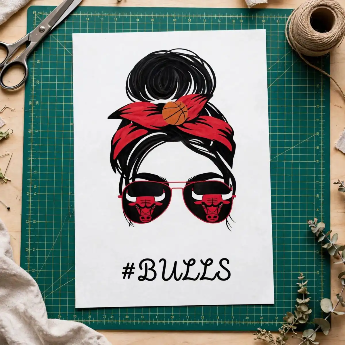 chicago bulls messy bun mom fan art with red bandana bow and bull logo chicago bulls logo svg design printed on a plain product mockup