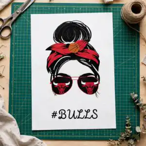 chicago bulls messy bun mom fan art with red bandana bow and bull logo chicago bulls logo svg design printed on a plain product mockup